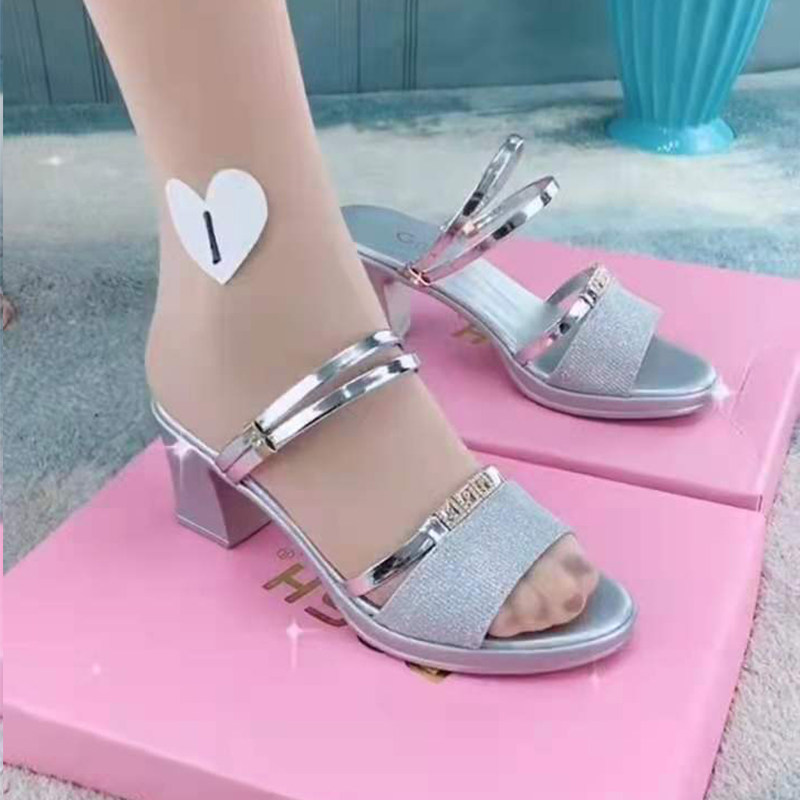 Leather mid-heel sandals women's outerwear 2022 summer new two-wear sequined sandals thick heel fish mouth all-match fashion slippers