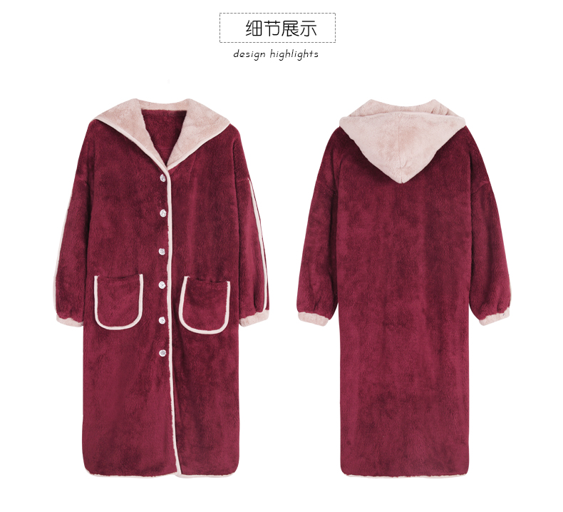 Áo ngủ nữ mùa đông dày flannel trùm đầu áo choàng tắm dài tay đơn giản phần dài ấm áp nhung đồ ngủ nhung áo choàng lụa dài tay cho nam