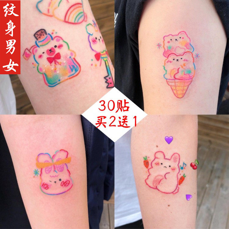 Color Line Tattoo Patch Soft Candy Small Bear Rabbit Bow Tie Stars Cute English Waterproof Softgirl Tattoo Sticker