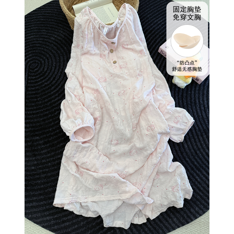 Sweet Nightgown with Breast Pads for Women, Autumn and Spring Cloud Cotton Long-Sleeved Cute Girl Cat Pajamas, Loose Home Clothes Sweet Nightgown with Breast Pads for Women, Autumn and Spring Cloud Cotton Long-Sleeved Cute Girl Cat Pajamas, Loose Home Clothes