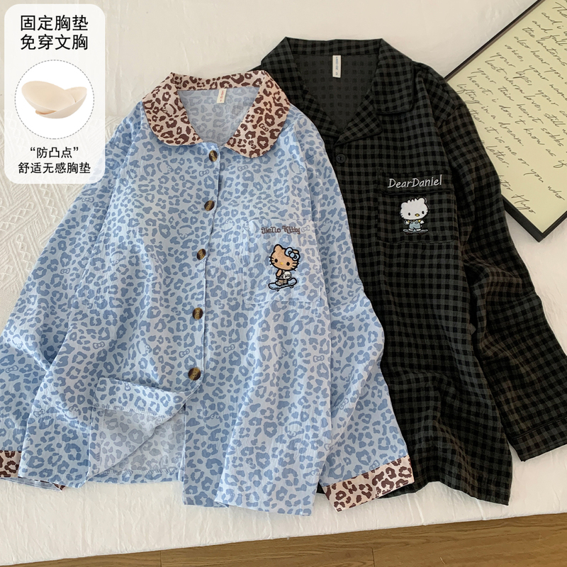 Leopard Print Couple's Pajamas for Women with Chest Pads, Spring and Autumn Long-Sleeve Cloud Cotton Plaid High-End Men's Loungewear Set