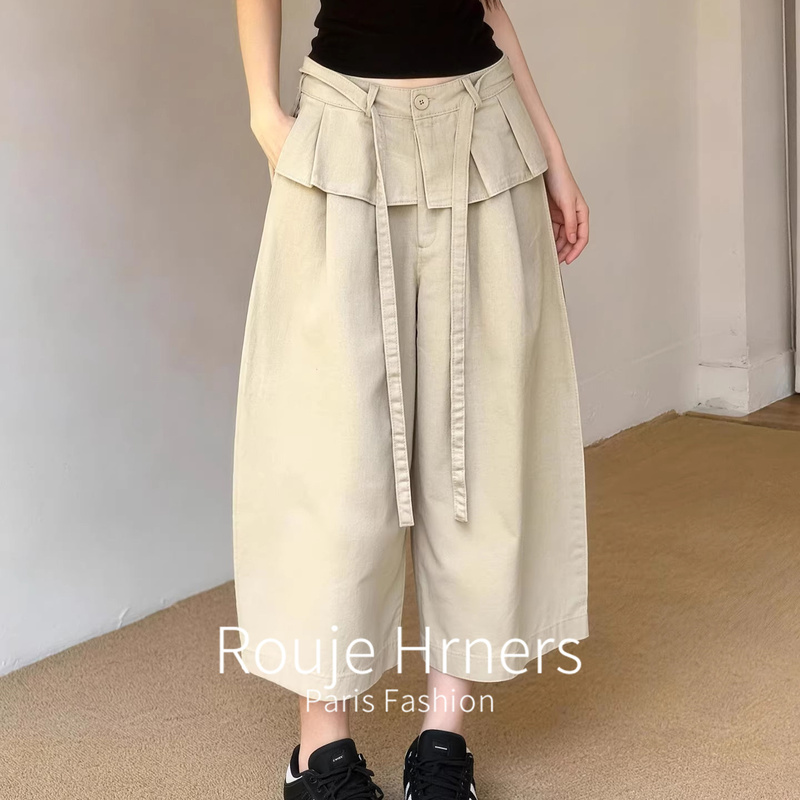 French Rouje Hrners French-Style Cropped Pants Spring and Summer Retro Light Khaki Loose High-Waisted Casual Pants for Women