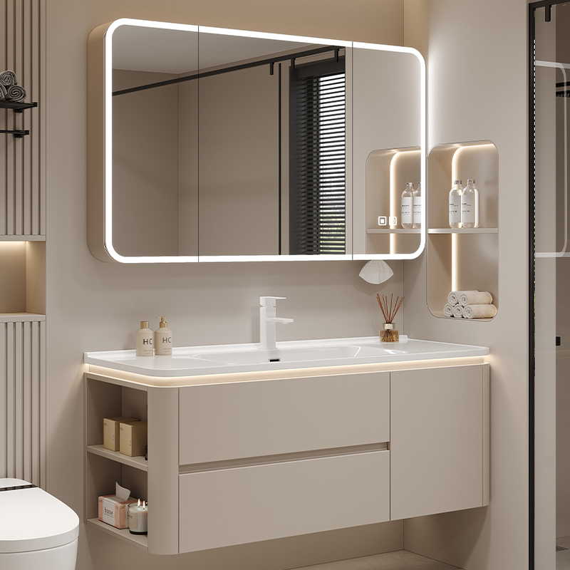 Cream-Colored Ceramic Integrated Basin with Rounded Corners Bathroom Cabinet Set Washbasin Sink Vanity Cabinet Cream-Colored Ceramic Integrated Basin with Rounded Corners Bathroom Cabinet Set Washbasin Sink Vanity Cabinet