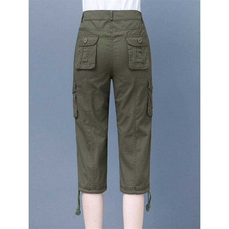 Summer Cropped Pants for Women, Petite Mom Style, High-Waisted, Thin Cargo Pants with Multiple Pockets, Casual Harem Pants