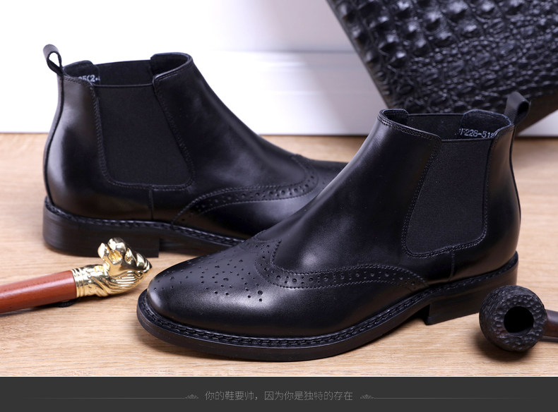 Челси сапоги 欧美复古雕花布洛克靴松紧口切尔西靴男真皮圆头商务正装高帮皮鞋 WOUFO