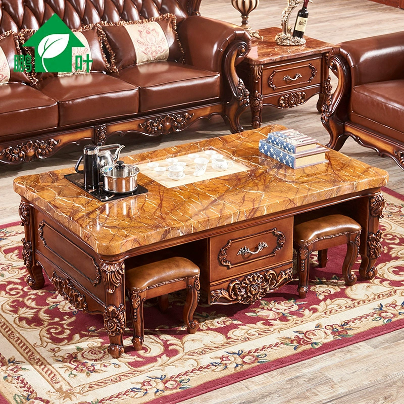 Peng Ye Furniture Bàn ghế cà phê Kung Fu bằng gỗ nguyên khối phong cách Châu Âu Bàn trà đựng đồ đa năng của Mỹ và bàn ghế - Bàn trà