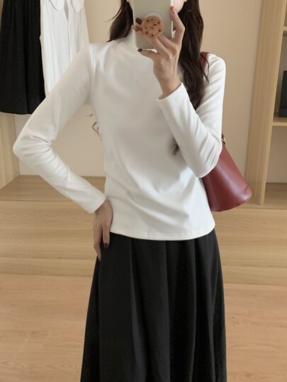 Double-sided brushed thickened warm long-sleeved T-shirt for women in autumn and winter slim-fitting half turtleneck bottoming shirt outer wear fleece top