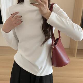 Double-Sided Brushed Thickened Warm Long-Sleeved T-Shirt for Women, Autumn and Winter Slim-Fit Half-High Collar Base Shirt, Outerwear Fleece Top