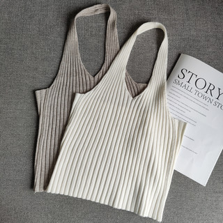 Spring and Summer Sexy V-Neck Ribbed Halter Knit Camisole for Women, Short Slim-Fit Sleeveless Backless Top