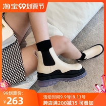 No two orange mona same leather short tube Chelsea mid-boot inside the British thick-soled muffle cake short boots women