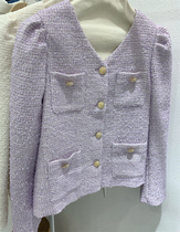 2022 Early spring new bubble sleeves Sweet Potato Purple Weave Small Scent Wind Jacket Woman Short Korean version refined ladies blouse