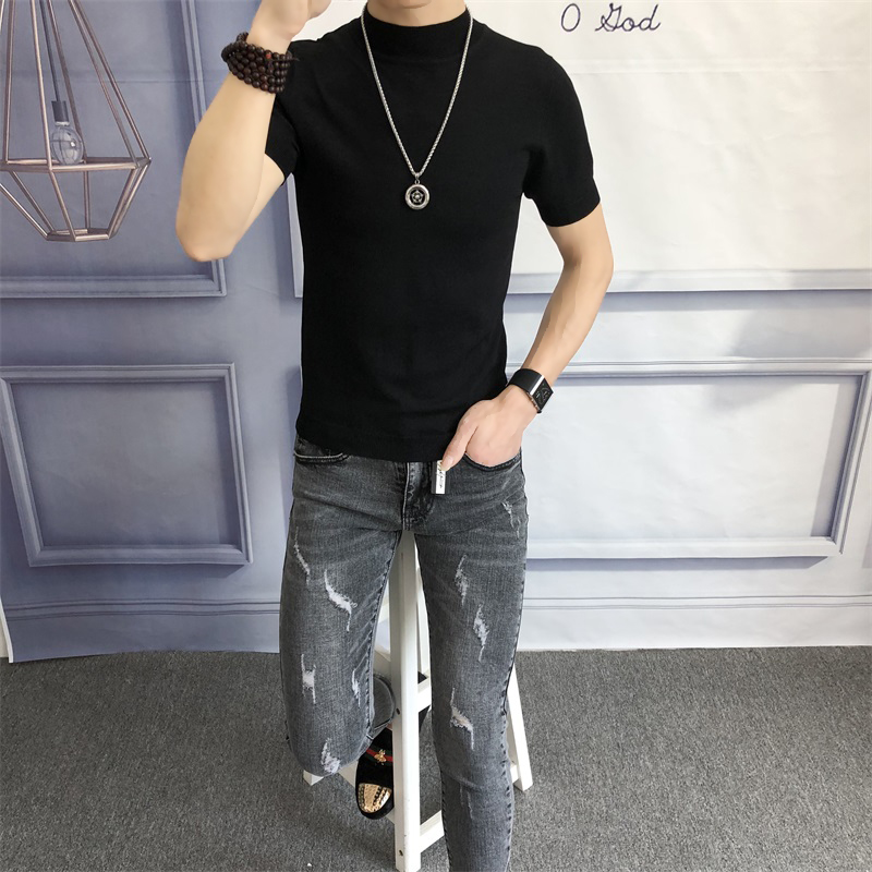Mùa hè băng lụa ngắn tay t-shirt nam cao cổ mỏng phần mỏng đan áo len Hồng Kông gió nửa tay áo đáy áo ao len nam