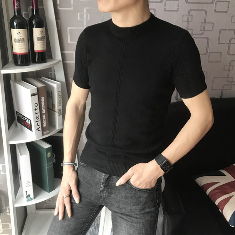 Mùa hè băng lụa mỏng vòng cổ ngắn tay t-shirt nam cao cổ áo len nửa tay Mỏng mùa xuân và mùa thu đan áo len triều