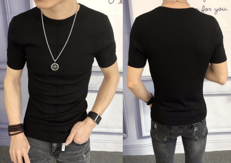 Mùa hè băng lụa mỏng vòng cổ ngắn tay t-shirt nam cao cổ áo len nửa tay Mỏng mùa xuân và mùa thu đan áo len triều