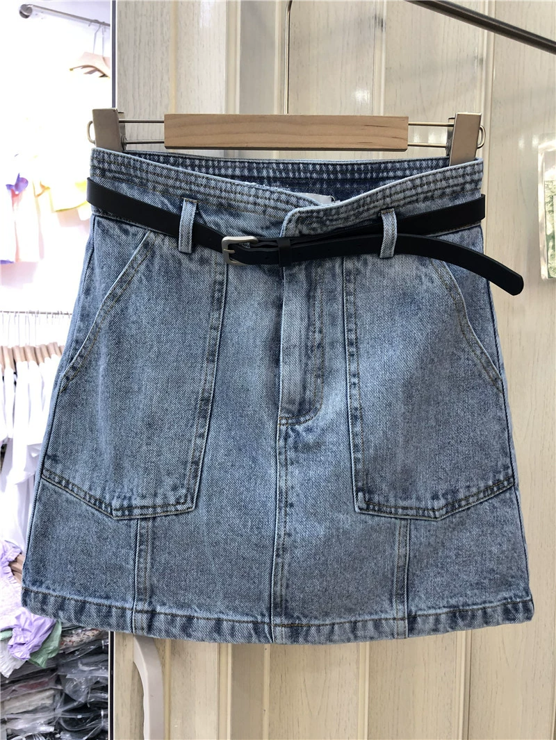 EIGHT + PLUS mid-váy túi lớn eo cao đã mỏng màu rắn hoang dã chống chói denim mùa hè 80161 - Váy