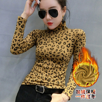 2021 spring high-neck BAO WEN long-sleeved T-shirt womens all-match cotton bottoming shirt Korean plus velvet thickened short womens top