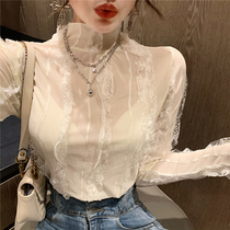 Shopkeepers own fried chicken beautiful woman stitching lace micro-transparent bottoming shirt womens mesh thin tight short top