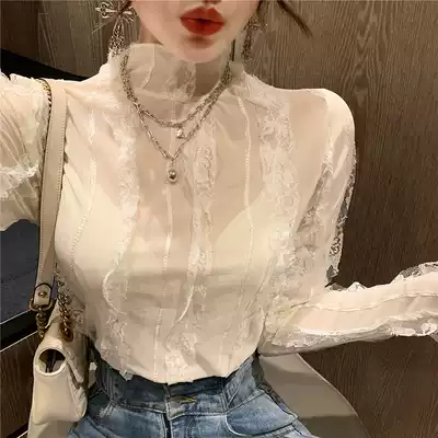 Shopkeeper's own fried chicken beautiful woman stitching lace micro-transparent bottoming shirt women's mesh thin tight short top