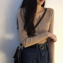 Autumn and winter womens V-neck pullover knitted bottoming shirt Student slim long-sleeved T-shirt chic tight top inner sweater