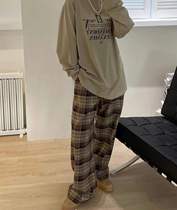 The richest milk tea version mopping check trousers simple and comfortable plaid trousers show high and thin pants