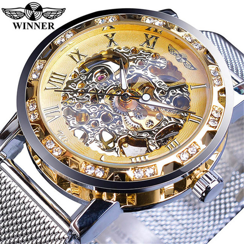 Silver Belt, Gold Shell And Gold Faceman Hollow out Mesh belt Manual Mechanical watch   Man's   manual   mechanical   watch   watches