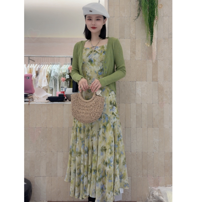 2026 Summer French Resort Style Green Floral Suspender Dress and Women's Knitted Cardigan Two-Piece Set with a Stunning Ambiance