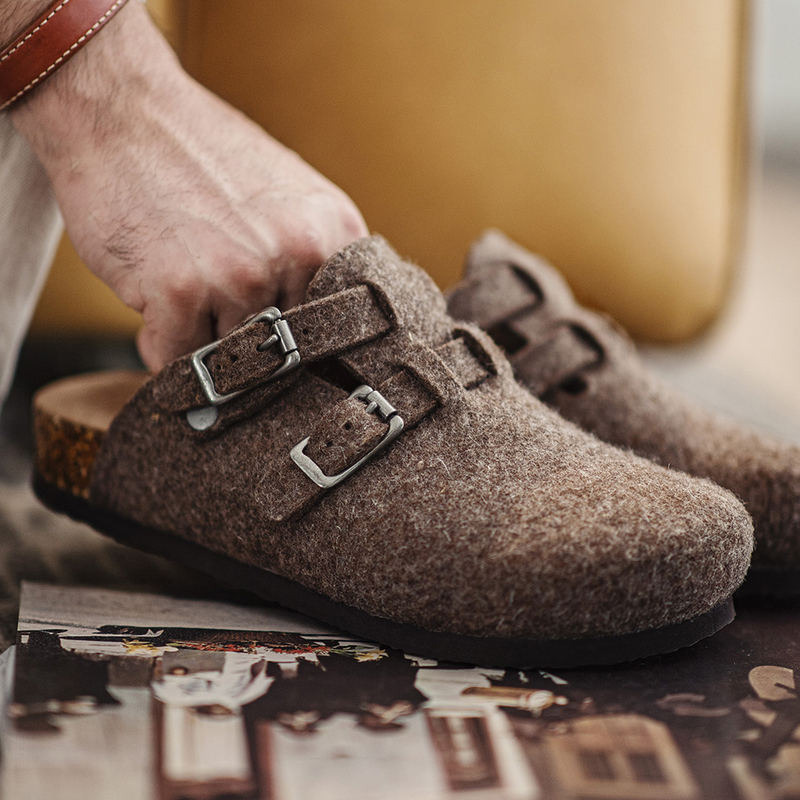 Madden Wool Felt Mules, Spring Thickened New Style Men's Casual Slip-On Outdoor Cork-Soled Closed-Toe Half-Slippers