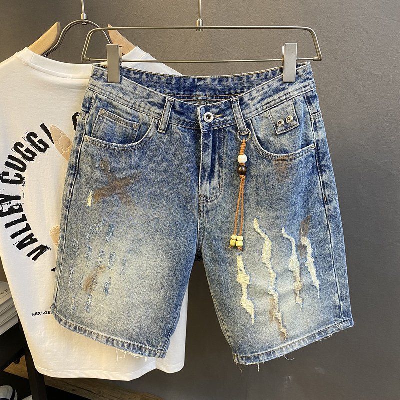 2026 New Summer Men's Denim Shorts Trendy Brand Ripped Patch Street Style Printed Loose Straight Five-Point Shorts