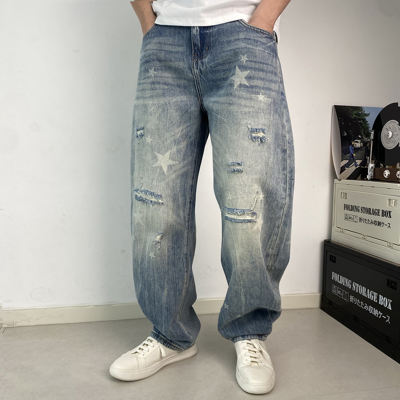 2026 Summer Thin Men's Jeans Trendy Brand Printed Ripped Street-Style Wide-Leg Floor-Length Pants with Drape Effect Loose Fit Curved Pants