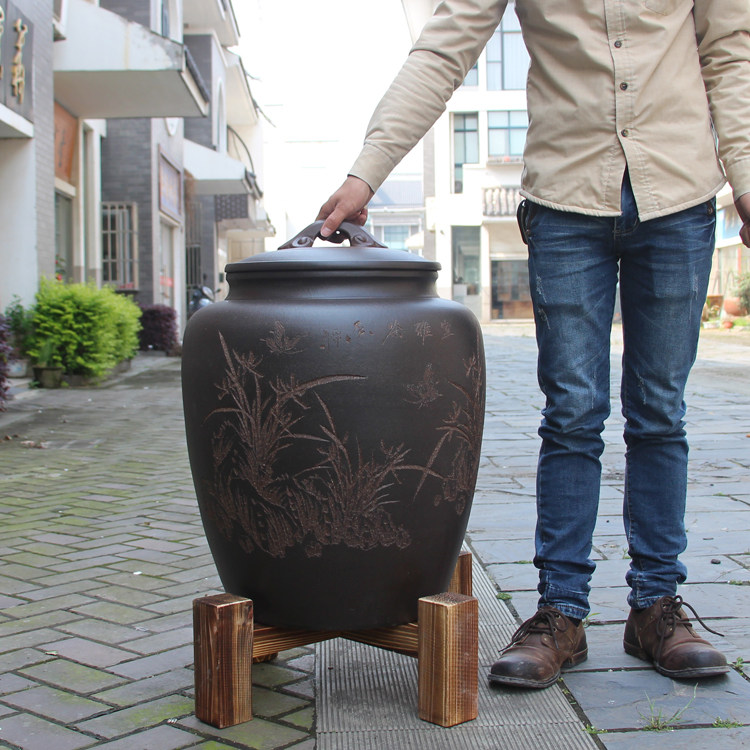 Large Yixing Purple sand large jar Black vermilion Ruyi tea jar with wooden frame base Puer White tea storage tank