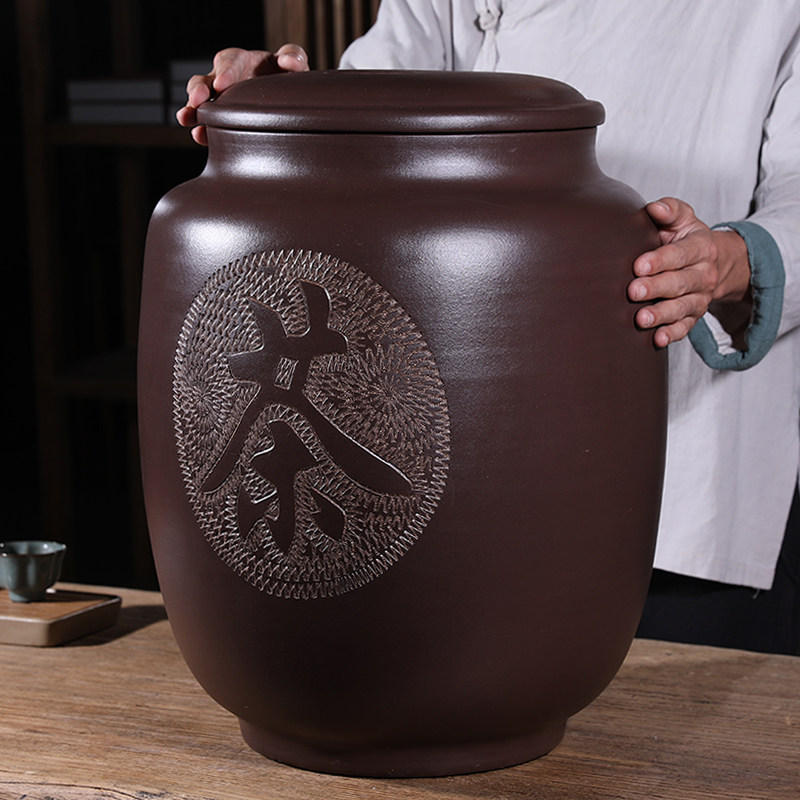 Large Pu'er tea jar Storage tea storage tea wake up tea jar 50 cakes Household large size sealed tea bucket Purple Sand tea jar