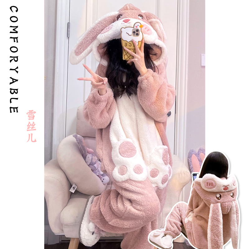Winter One-Piece Pajamas for Women, Coral Velvet, Cute Cartoon, Fleece-Lined, Thickened, Warm, Winter Flannel Hooded Home Clothes