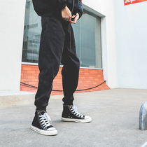 LMTNZD black jeans mens spring and summer slim small feet Korean version of the tide loose drawstring pants Harun pants