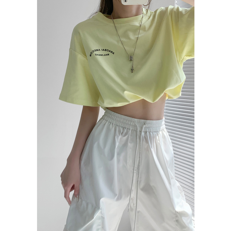 American-Style College Girl Elastic Drawstring Waist-Cinching Crop Top Jazz Dance Top Women's Loose Summer Short-Sleeve T-Shirt