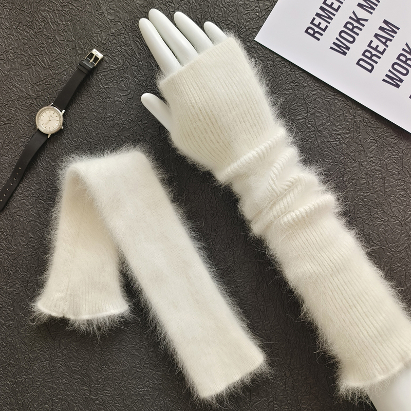 Autumn and Winter Mink Velvet Fake Sleeves for Women, Knitted Raccoon Fur Sleeves, Warm Long Half-Finger Gloves, Sweater Arm Sleeves
