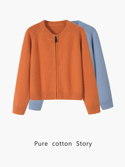 Thick 100% Cotton Heavy-Duty Zip-Up Cardigan for Women, Knitted Sweater Jacket, Loose Fit, Short Style That Makes Legs Look Longer