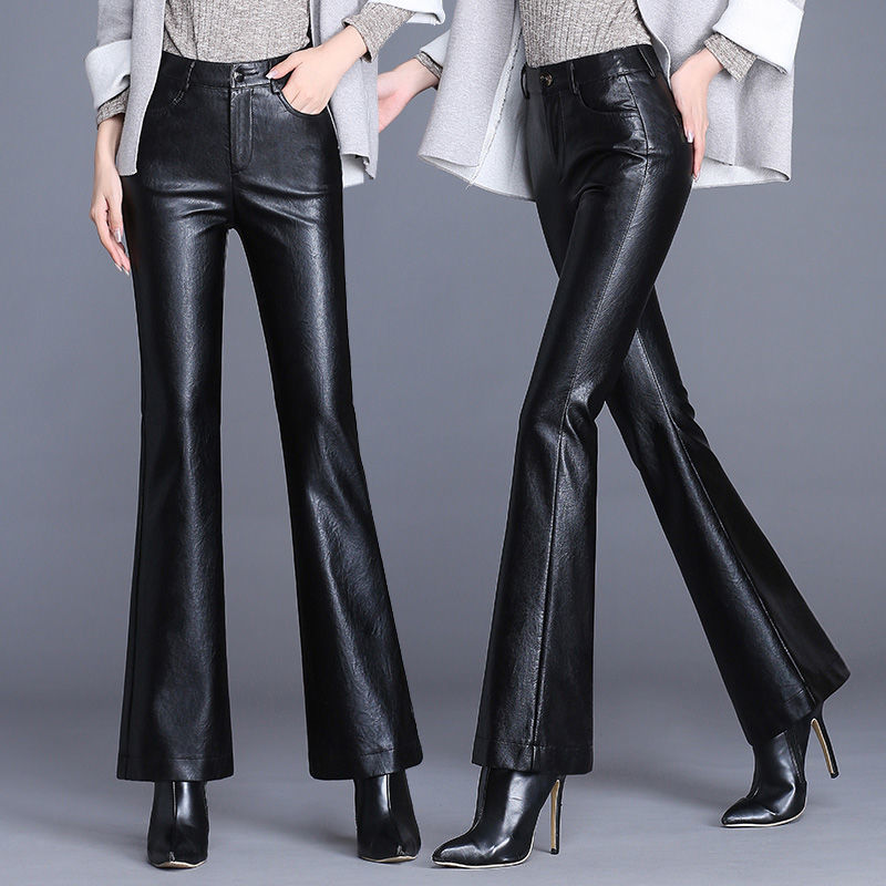 Autumn and Winter Haining Genuine Leather Pants for Women, Sheepskin Slim Fit, Fleece-Lined, High-Waisted, Flared Casual Pants