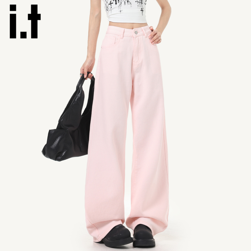 Chocoolate Pink High-Waisted Jeans for Women 2026 New Summer American Style Loose Straight Wide-Leg Pants