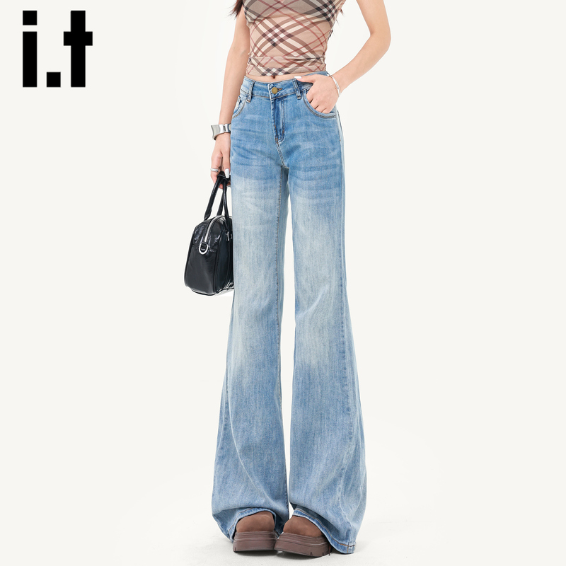 It:Chocoolate American-Style Ice Blue Flared Jeans for Women 2026 Summer New Low-Waist Slim Fit Bell-Bottom Pants