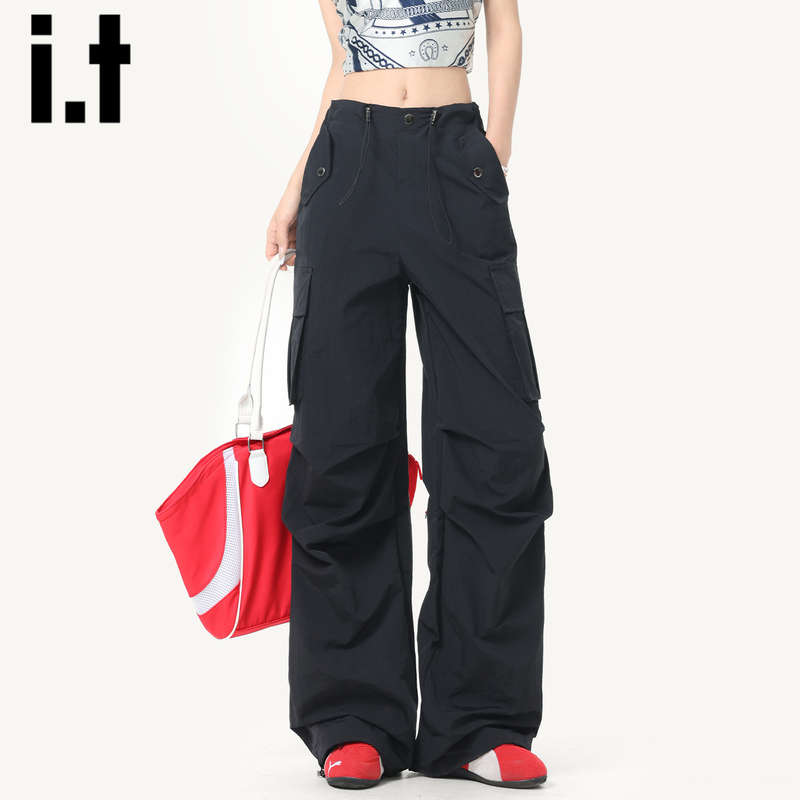 It:Chocoolate Black Cargo Pants for Women 2026 Summer Thin Low-Waist Loose Quick-Drying Straight-Leg Hiking Pants