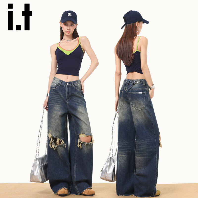 It:Chocoolate Retro American-Style Jeans for Women 2026 New Summer Ripped High-Street Straight Wide-Leg Pants