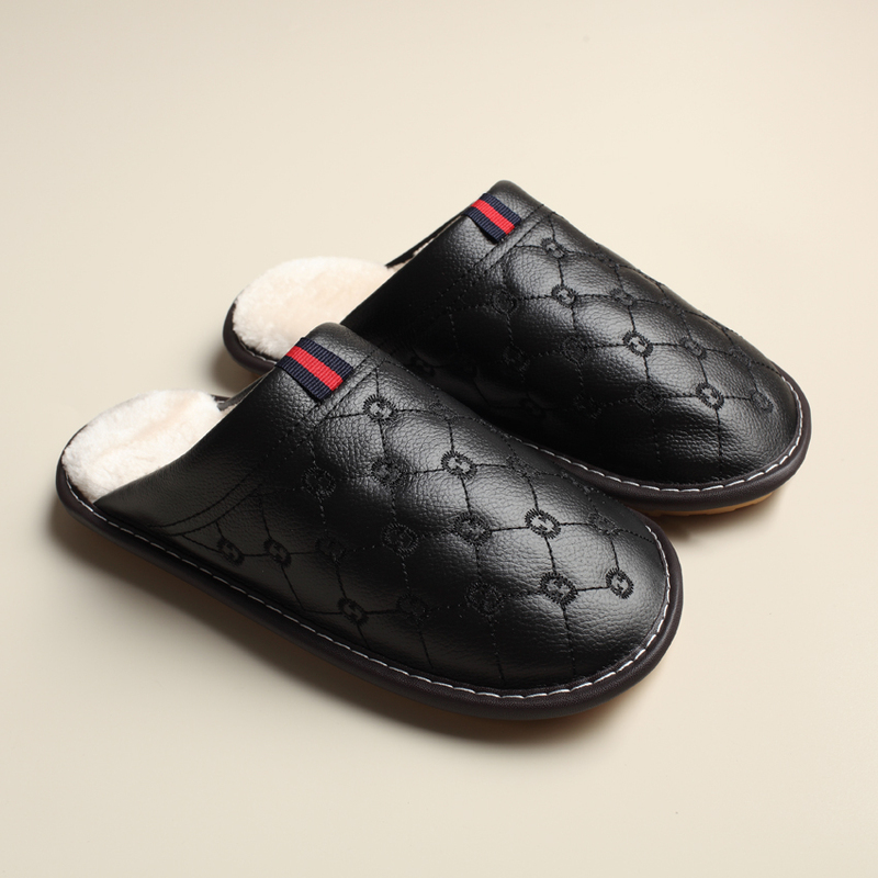 High-End Cowhide Cotton Slippers for Men and Women, Indoor Non-Slip Oxford Soft-Soled Couple's Home Wooden Floor Warm Leather Slippers
