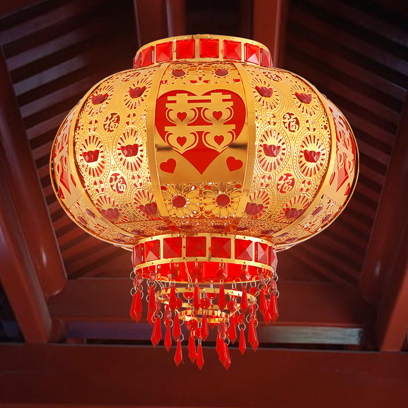 Wrought iron lantern New Year happy word Balcony Chinese chandelier Wedding housewarming decoration led kerosene lamp rotating lamp glowing