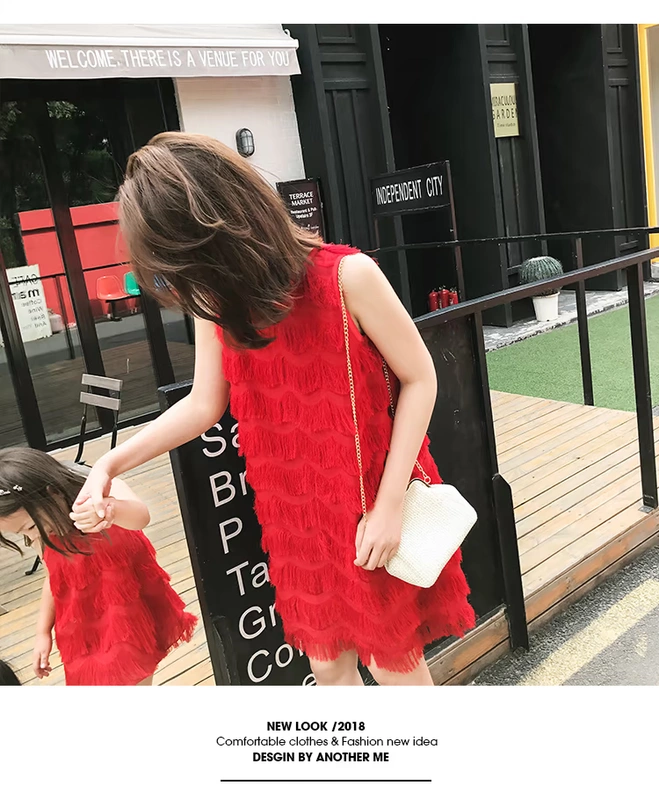 AM Sauce Mom Beauty! Váy tua rua màu đỏ mới 2018 được gia đình trang bị cho bé gái mùa hè quần áo cho bé