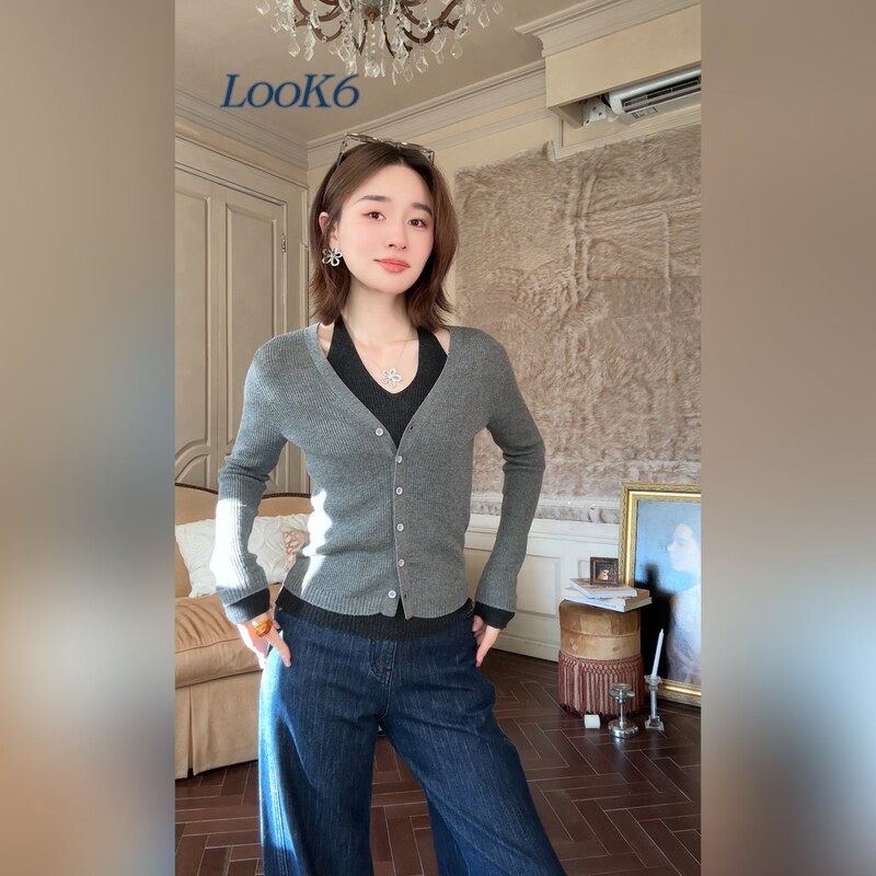 Qiu Yingying's Color-Blocked Halter Neck Autumn Wool Design Two-In-One Long-Sleeve Versatile Knit Cardigan for Women Qiu Yingying's Color-Blocked Halter Neck Autumn Wool Design Two-In-One Long-Sleeve Versatile Knit Cardigan for Women