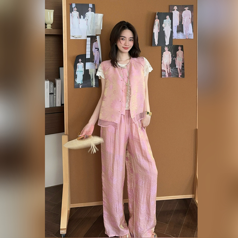 Qiu Yingying [in Stock] "Floating Light Set" Jacquard Craft Textile Patchwork Floral Vest + Casual Pants Set