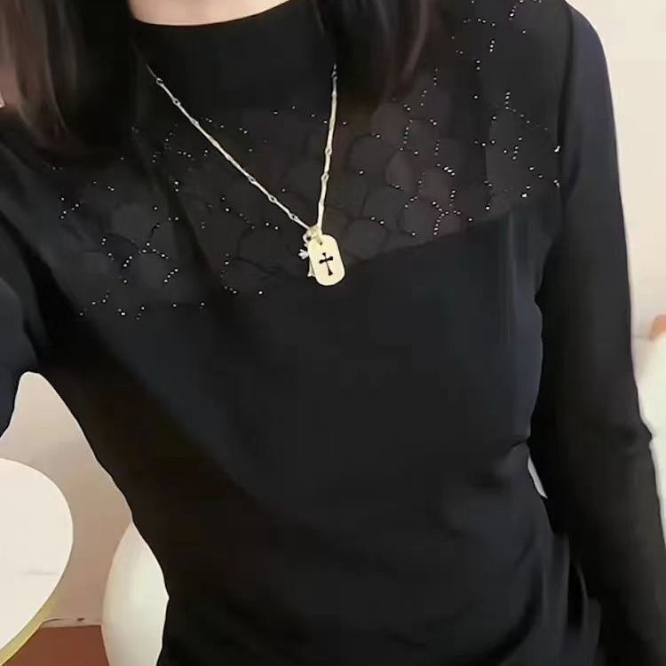 Mesh Base Shirt for Women, Long-Sleeved, 2025 Autumn New Style, Elegant Women's Inner Wear T-Shirt, Early Autumn Outer Wear Lace Top