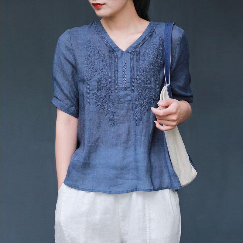 Cotton and Linen Shirt for Women, Short-Sleeved, 2026 Summer New High-End Linen Top, Women's Loose Linen T-Shirt with Embroidery