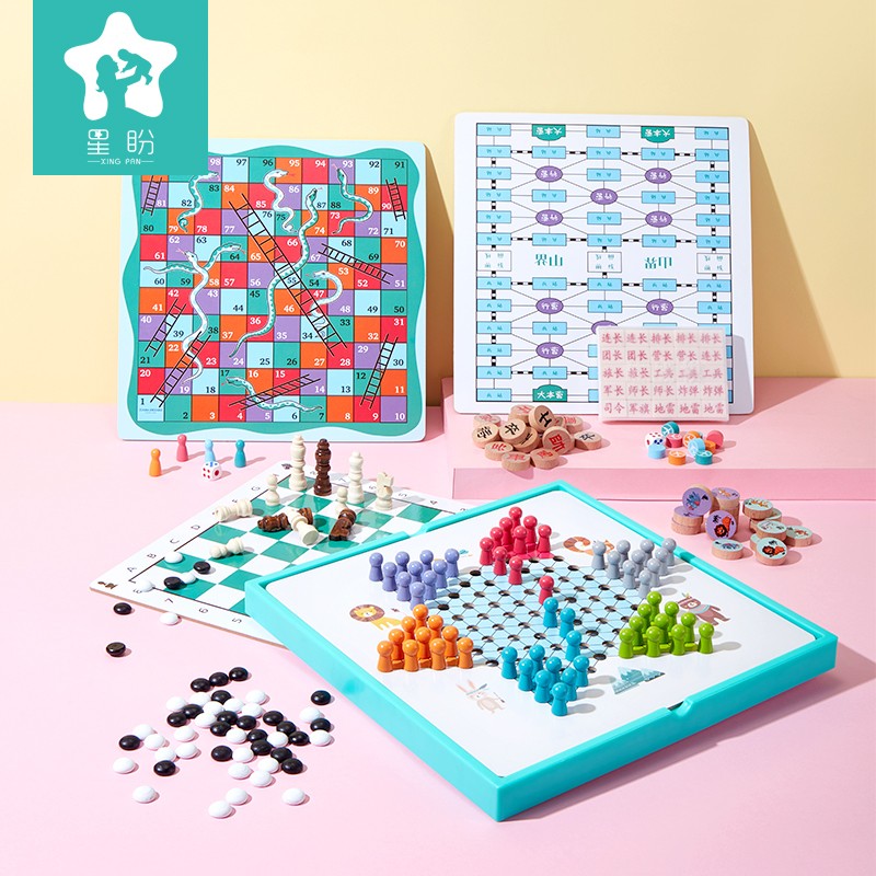 Multiple All-in-one Checkers Flying Chess Five Chess Fighting Beast Chess Game Multifunction Chess Children Students Puzzle Wooden Toys