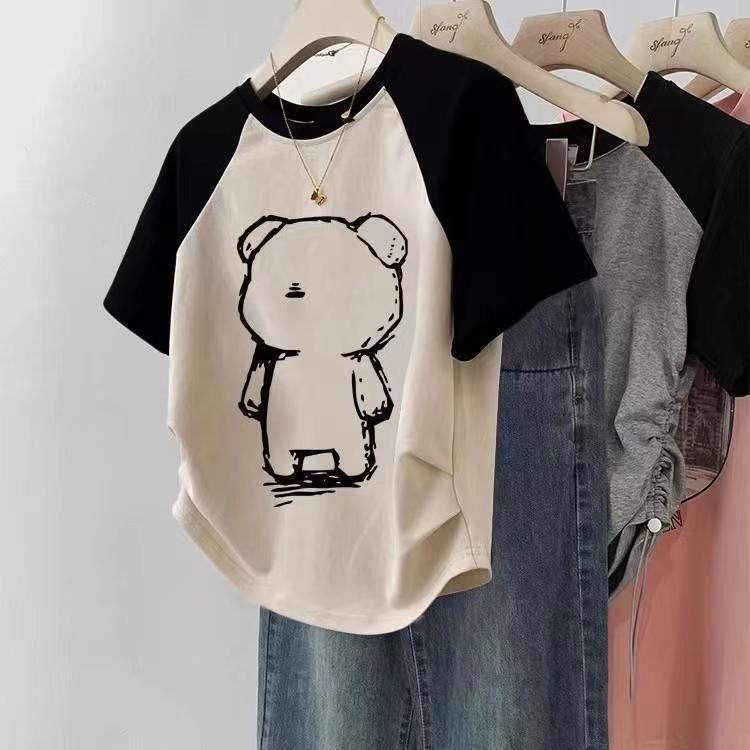 2026 Korean Style Short T-Shirt Chic Retro ins Slim Fit Color-Blocked Shoulder Sleeves Slimming and Body-Covering Short-Sleeve Top